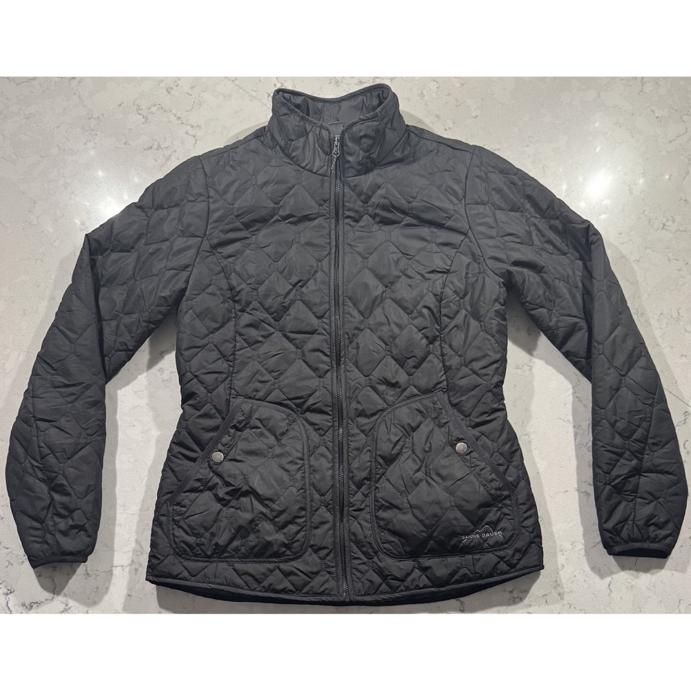 Eddie Bauer Quilted Puffer Jacket Womens Medium Black Full Zip Lightweight
